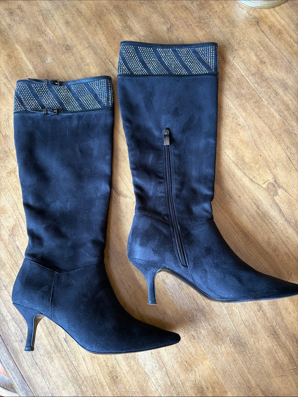 Elegant Black Suede Nina Leona-FY Heeled Boots with Crystal trim-8